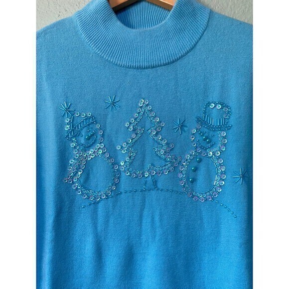 NWT Quacker Factory Women’s Blue Beaded Snowman Sweater Medium - Picture 2 of 8